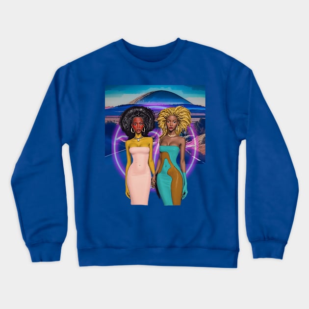 Two Afro Fashion Dolls with halo on desert road Crewneck Sweatshirt by PersianFMts